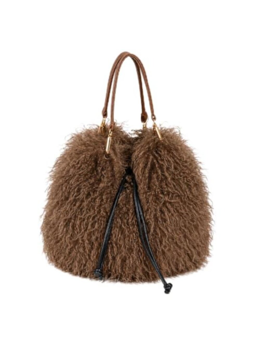Curly Faux Fur Bucket Bag Drawstring Shoulder Handbag